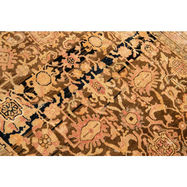 Brown 1960s Vintage Distressed Handmade Floral Brown Wool Runner For Sale - Image 8 of 9