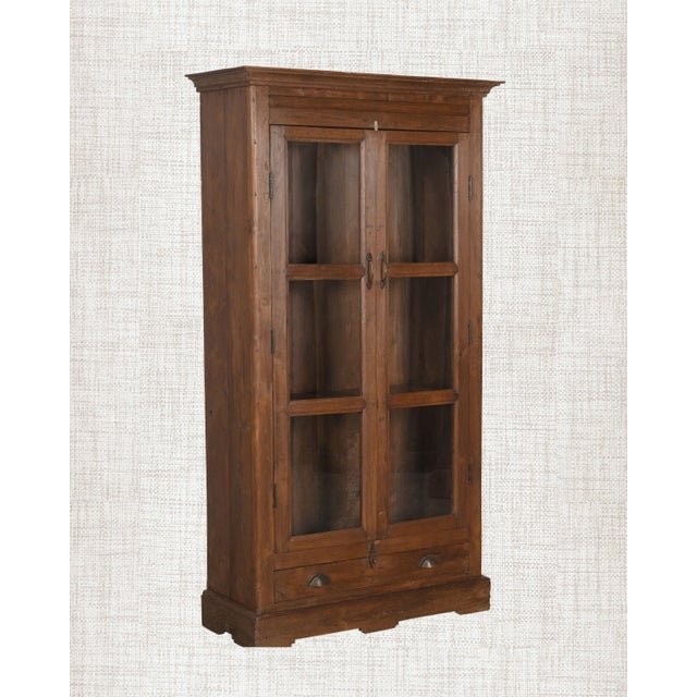 1930s Vintage Teak Wood Cabinet | Antique Indian Armoire | Glass Front Display Cabinet | Rustic Home Decor For Sale - Image 5 of 6