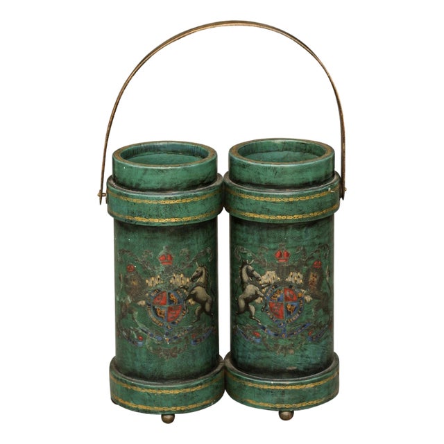 English Double Leather Bucket with Handle and Royal Coat of Arms, circa 1920 For Sale