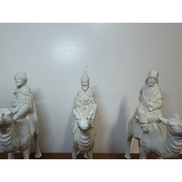 Vintage Three Wise Men on Camels Figurines Set of 3 White Ceramic Nativity Magi For Sale - Image 14 of 16
