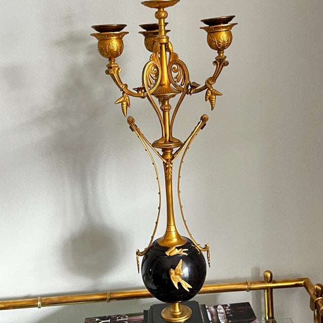 Bronze Pair of large antique 3-arm gilt bronze candelabra with black marble // Empire candle holders // black and gold // Napoleon III style For Sale - Image 8 of 15