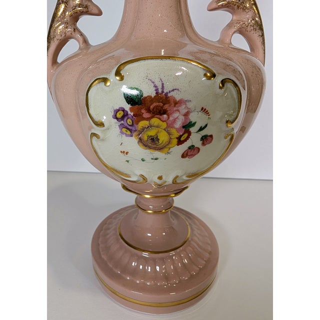 Traditional Vintage Pair of Porcelain Mantel Vases, Pink Porcelain, Mid-Century St Regis, Floral Gold Gilt, Excellent 12" For Sale - Image 3 of 12