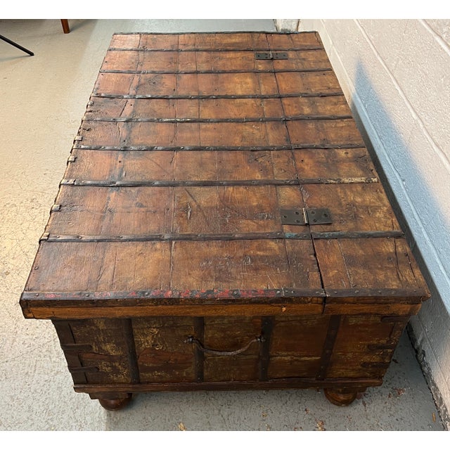 Brown Antique Indian Pitara Chest With Turquoise Patina For Sale - Image 8 of 18