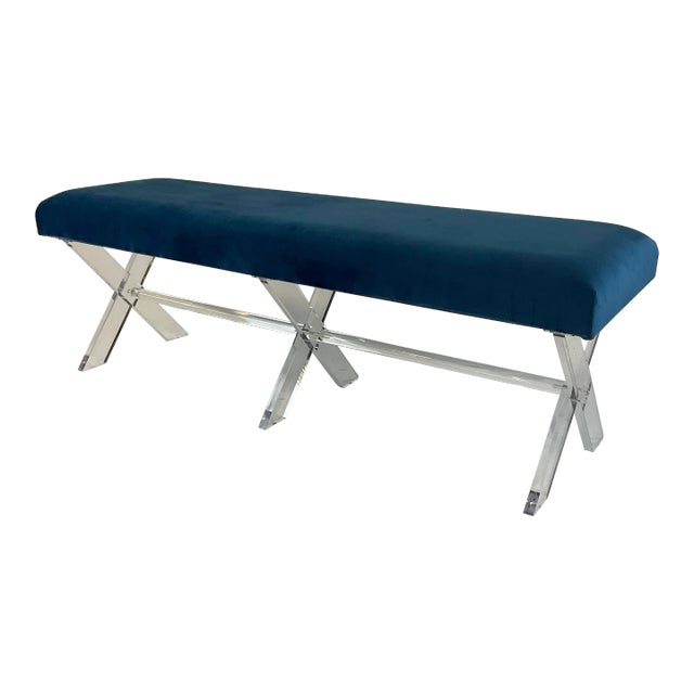 1980s Contemporary Modern Lucite X-Base Bench, Newly Upholstered in Velvet. For Sale