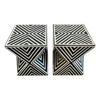 Art Deco Style Black & White Resin Sculptural Side End Table or Stool, a Pair For Sale