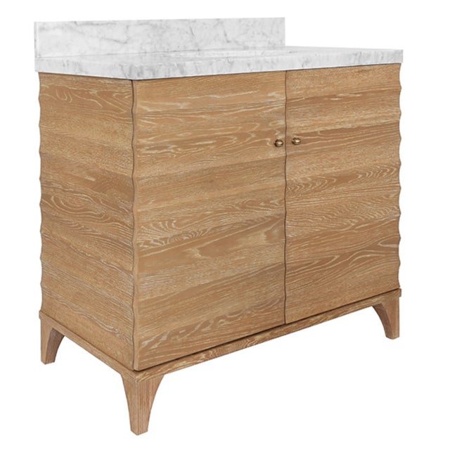 Contemporary Matthew Izzo Home Rhodes Cerused Oak Two Fluted Doors, Single Sink Porcelain Bath Vanity With and Carrara Marble and Brass Knobs For Sale - Image 3 of 10