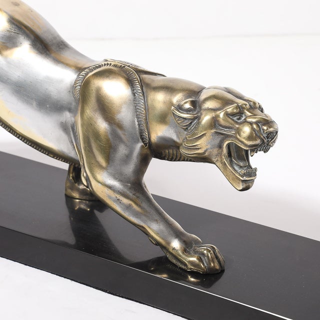 Metal Art Deco Silvered Bronze Lion Sculpture on Black Marble Base For Sale - Image 7 of 17