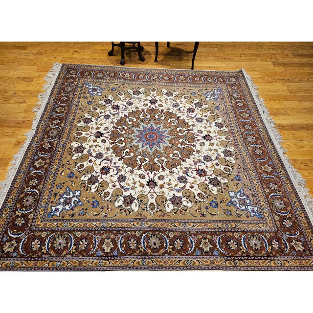 Vintage Persian Tabriz Square Area Rug, Hand-Knotted Wool & Silk, Fine Medallion Floral Pattern, Ivory & Brown, 7x7 For Sale In Chicago - Image 6 of 16