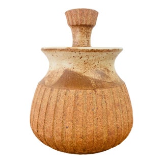 Vintage 1970s Handmade Stoneware Studio Pottery Lidded Vessel Boho Chic Style For Sale