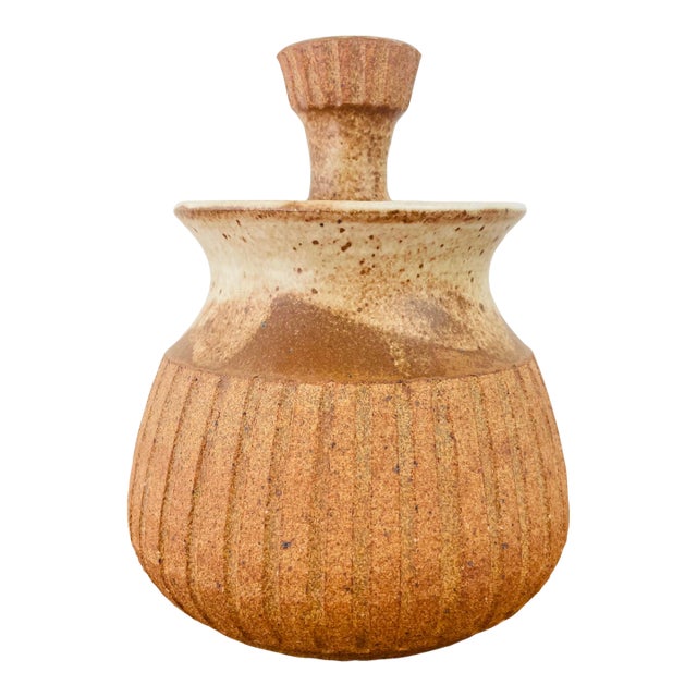 Vintage 1970s Handmade Stoneware Studio Pottery Lidded Vessel Boho Chic Style For Sale
