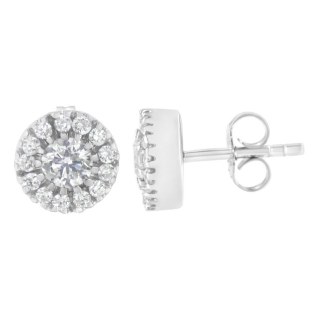 14k White Gold 1 cttw Diamond Halo Stud Earrings (I-J Clarity, I1-I2 Color) For Sale