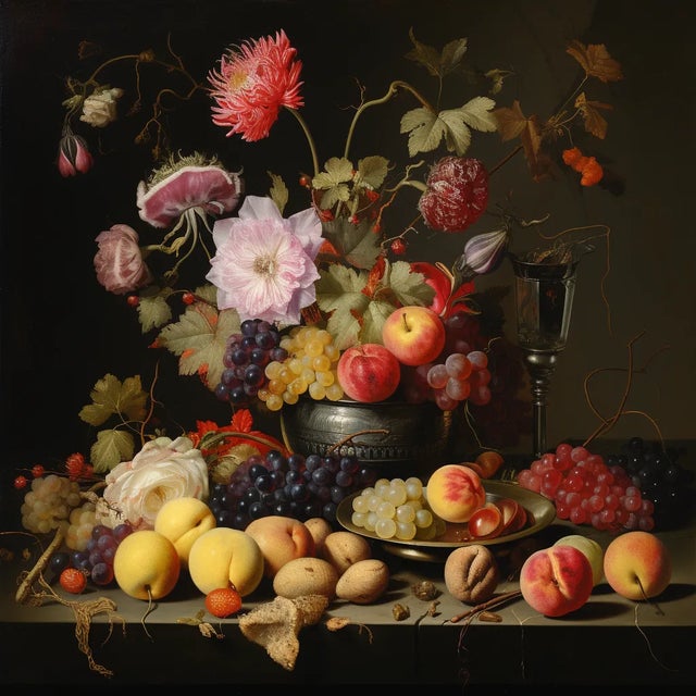 Realism Framed 30' X 30' Collector Fine Art Print 'Still Life With Fruits and Flowers' For Sale - Image 3 of 5