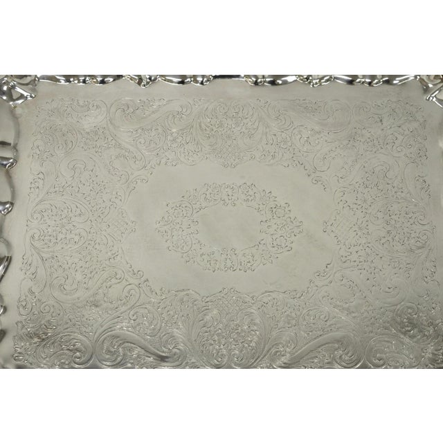 Late 20th Century Vintage Victorian Silver Plated Footed Twin Handle Serving Platter Bar Tray For Sale - Image 5 of 15