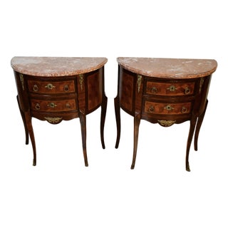 1890s Pair French Louis XV Walnut Satinwood Inlay & Marble Top Nightstands For Sale