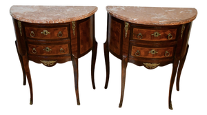 1890s Pair French Louis XV Walnut Satinwood Inlay & Marble Top Nightstands