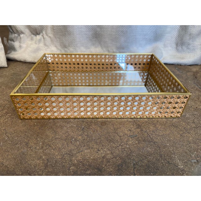 Beautiful and delicate Christian Dior style natural straw, brass and glass vanity tray.