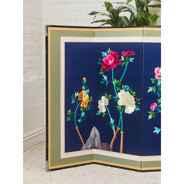Korean Asian Large 8-Panel Silk Embroidered Peacock Bird Butterfly Screen, 1900s For Sale - Image 4 of 5