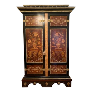 Mid 20th Century Spanish Armoire Featuring Fine Marquetry Panels and Brass Accents.