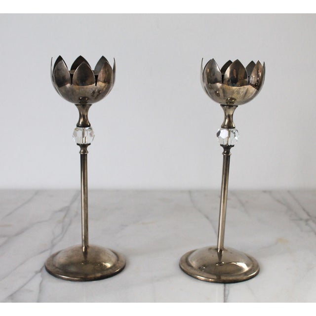 Mid-Century Modern Pair of Vintage Silver-Plated Lotus Flower Candlestick Holders For Sale - Image 3 of 10
