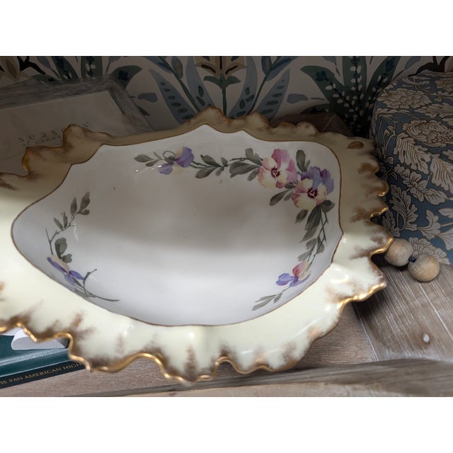 Ceramic Vintage Hand-Painted Hollywood Regency Porcelain Centerpiece Bowl With Gilt Trim & Floral Motif For Sale - Image 7 of 13