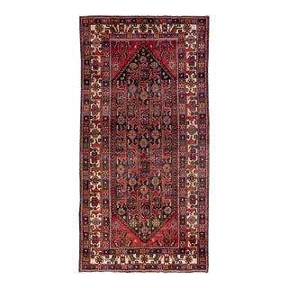 Vintage Handmade Persian Red Geometric Wool Runner Rug 5'1" X 10'1" For Sale