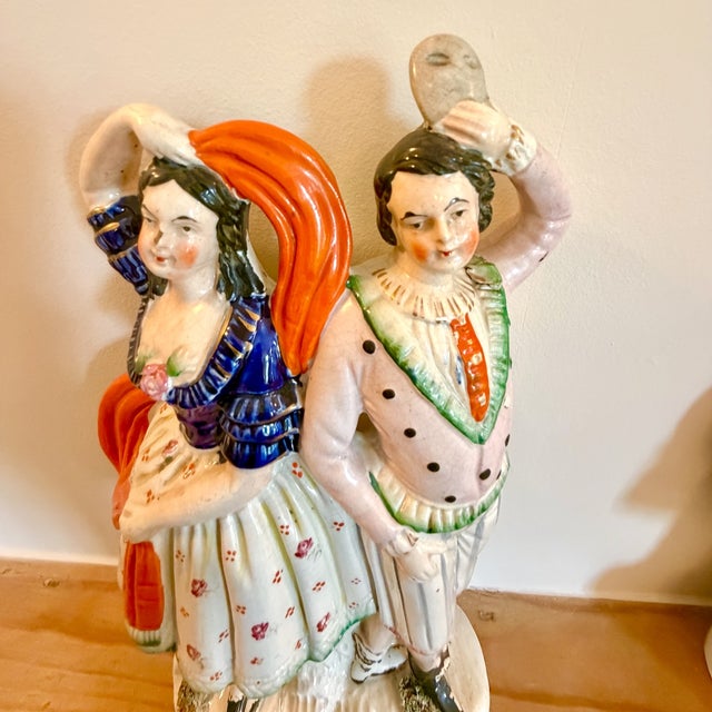 Antique Dancing Couple with Mask Mantel Figurines from Staffordshire, England, 1860, Set of 2 For Sale - Image 4 of 18