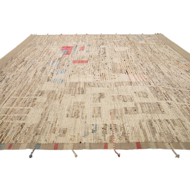 2020s Beige Modern Boho Chic Moroccan Style Handmade Abstract Motif Wool Rug For Sale - Image 5 of 10