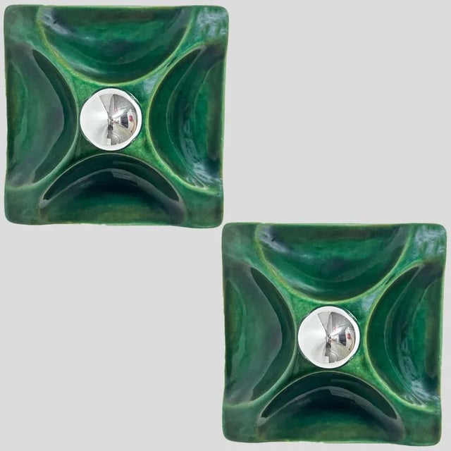 Pair of Green square-shaped ceramic wall lights/flush mounts in Fat Lava style. Manufactured by in Germany in the 1970s....