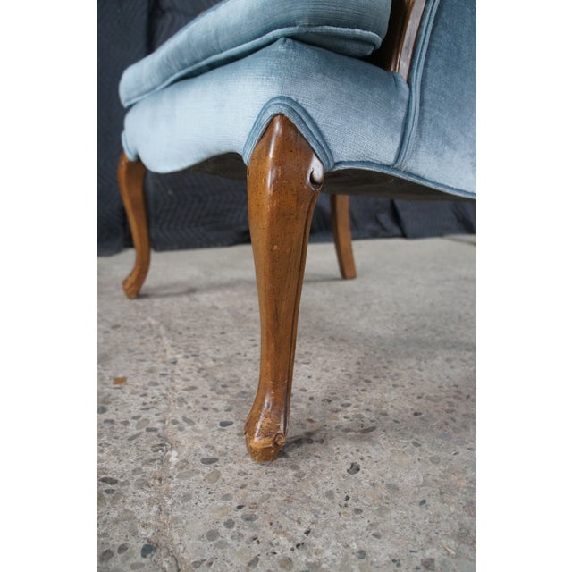 Vintage Queen Anne Style Library Wing Back Chair Light Blue Velvet Fabric For Sale - Image 11 of 11