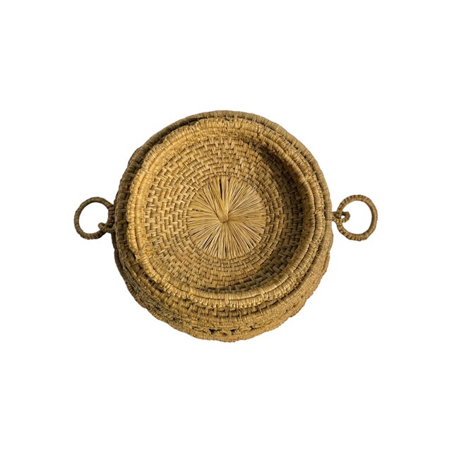Antique French Provincial Handwoven Coiled Rope Basket With Ring Handles For Sale - Image 15 of 18