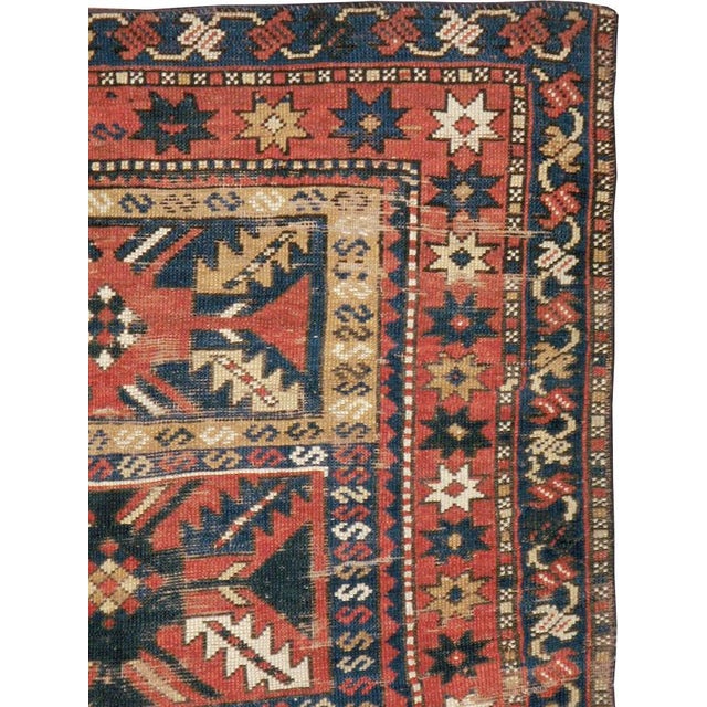 Tribal Galerie Shabab Collection Distressed Caucasian Rug With a Tribal Design in Rust, Dark Blue, and Cream For Sale - Image 3 of 8