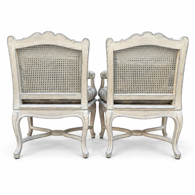 French Louis XV Style Carved Shell & Painted Caned Bergere Chairs -Pair For Sale - Image 11 of 11