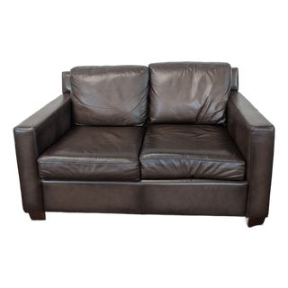 Pottery Barn Brown Leather Loveseat - Modern and Comfortable For Sale