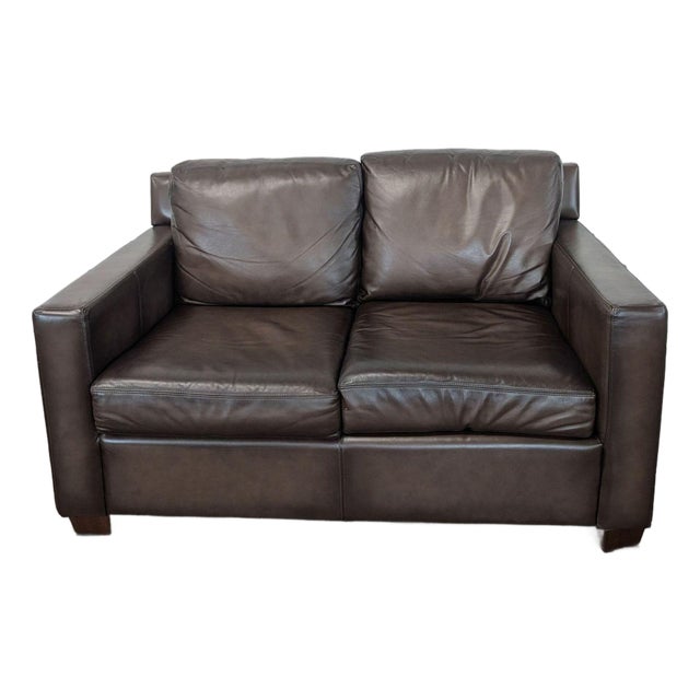 Pottery Barn Brown Leather Loveseat - Modern and Comfortable For Sale