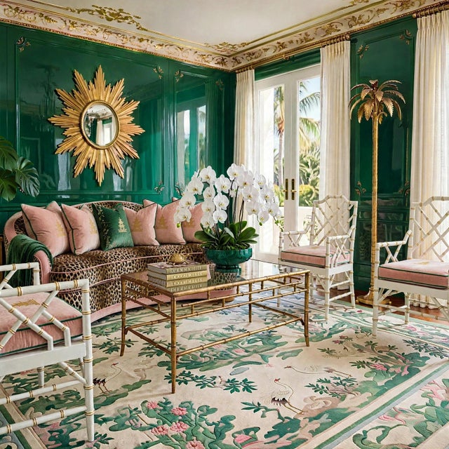 This monumental statement piece is a masterclass in Postmodern Chinoiserie. While the architectural frame is distinctly...