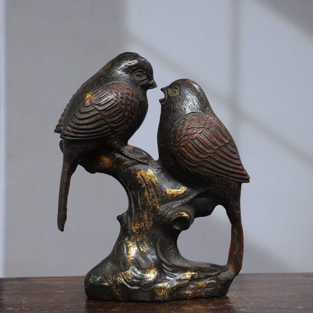 Early 21st Century Gilt Metal Double-Bird Figurine — Aged Patina, Engraved Auspicious Base For Sale - Image 5 of 9