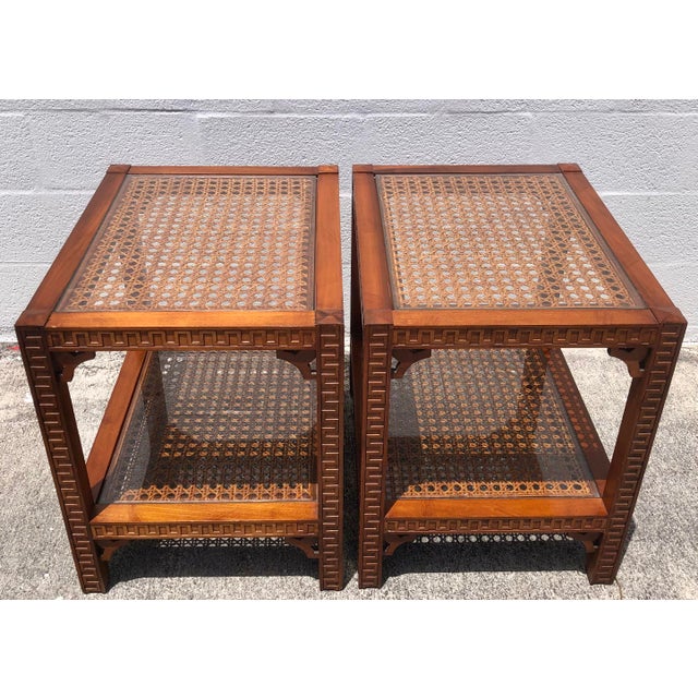 Wood Pair Vintage Mid Century Cane & Glass Side/End Tables For Sale - Image 7 of 18