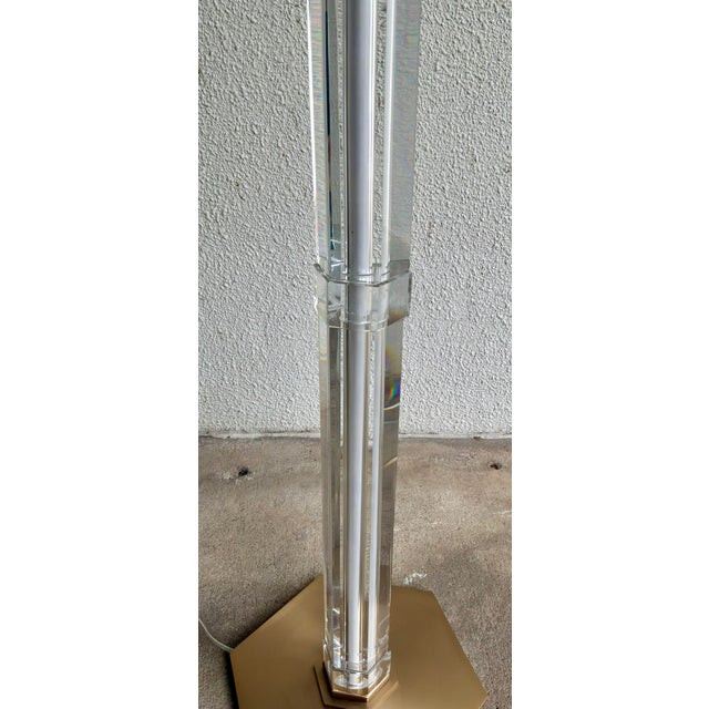 Original retail $2895, stylish Revelation Modern Quartz Shimmer Floor Lamp, white mandated silk shade, hexagonal brass...