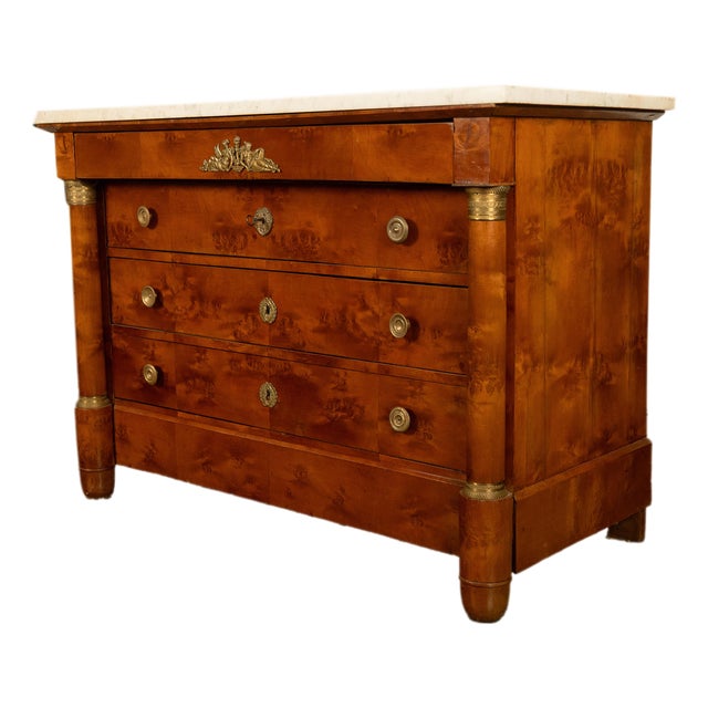 Antique 19th Century French Empire Burl Walnut Marble Ormolu Chest Drawers Commode 1810 For Sale