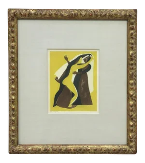 Original Signed Carlos Orozco Romero "Two Figures Dancing" Aquatint in Antique Gilt Wood Frame