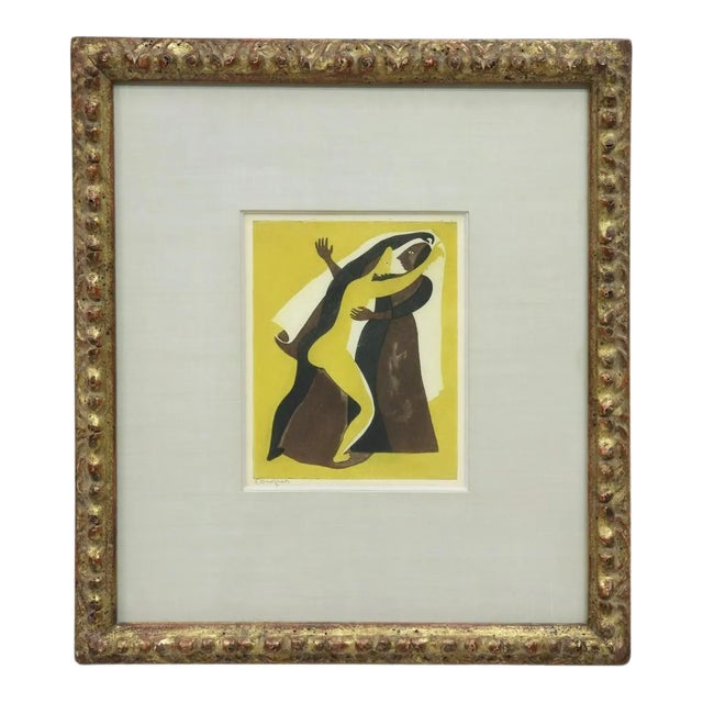 Original Signed Carlos Orozco Romero "Two Figures Dancing" Aquatint in Antique Giltwood Frame For Sale