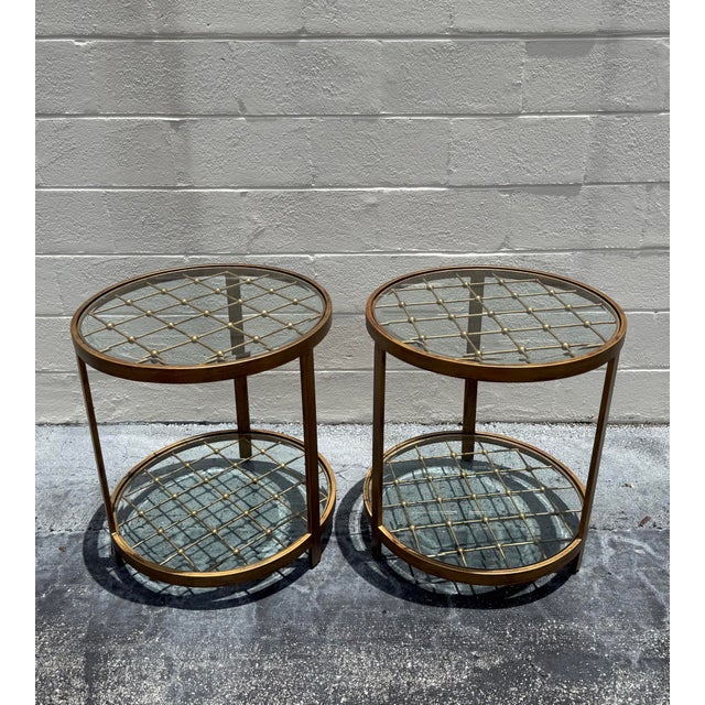 Vintage MCM Beaded Lattice Brass Tone Two Tier Side Tables - Pair For Sale - Image 4 of 9