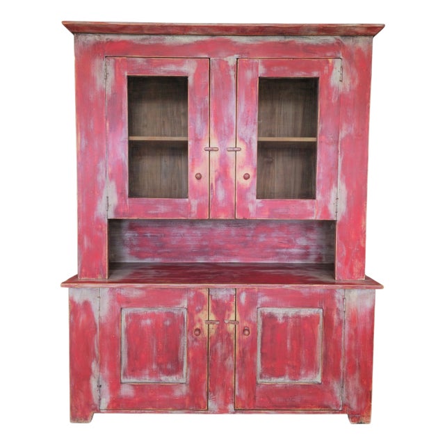 French Two-Part Kitchen Buffet in Red Paint, 1980s For Sale