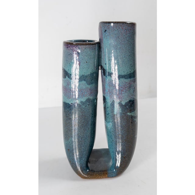 Mid-Century Modern Turquoise and Teal Art Pottery Vase, Signed For Sale - Image 4 of 8