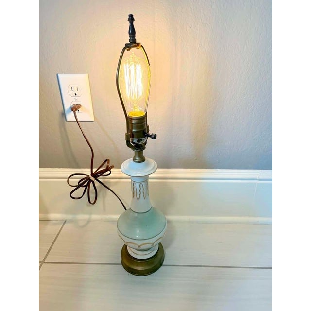 French Mid-Century Celadon Ceramic Lamp - Hollywood Regency Gold Greek Key For Sale - Image 3 of 7