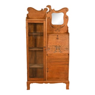 Antique Victorian Carved Oak Side-by-Side Bookcase With Drop Front Secretary Desk, Circa 1900 For Sale