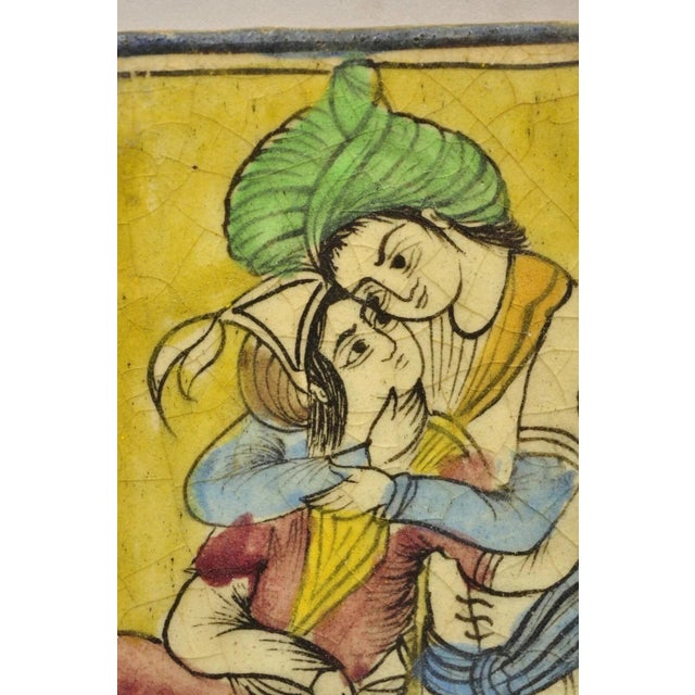 Early 20th Century Antique Persian Iznik Qajar Style Ceramic Yellow Pottery Tile Loving Couple B C5 For Sale - Image 5 of 10