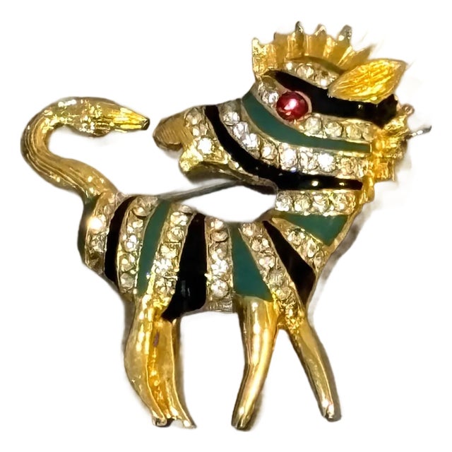 Gold Tone Enameled Rhinestone Zebra Brooch For Sale