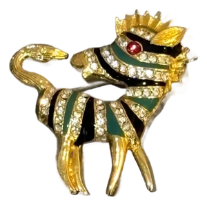 Gold Tone Enameled Rhinestone Zebra Brooch