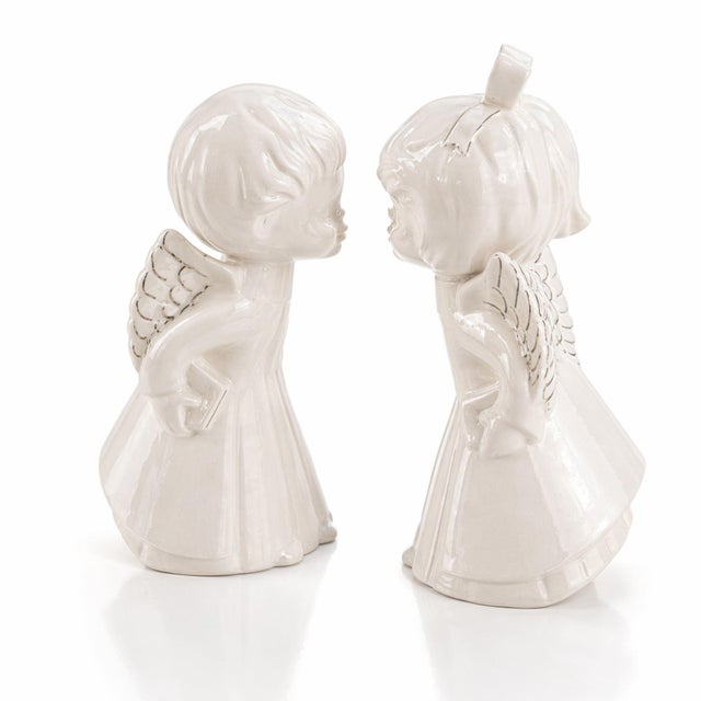 Hollywood Regency Vintage Porcelain Angel Figurines Pair Gold Trim Boy Girl Cherub Set of 2 For Sale - Image 3 of 8